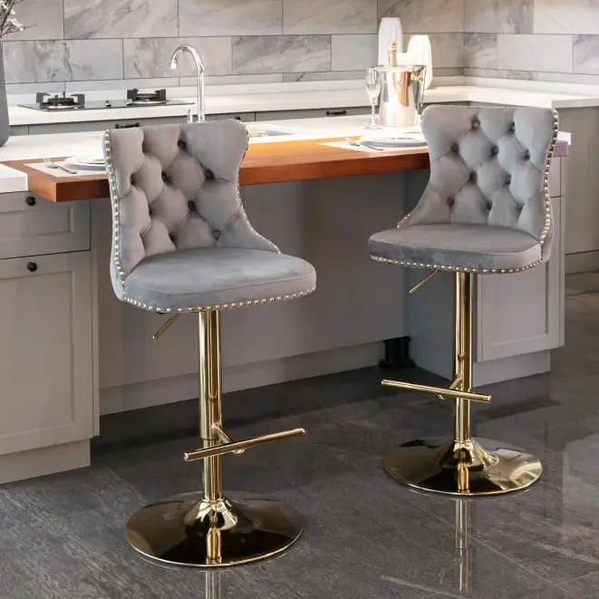 Set of 2 Adjustable Swivel Counter Height Bar Stools - Upholstered Cushion Stools, Modern Velvet Fabric Mid-Century Armless Chairs with Button & Nailheads Trim, Gold for Kitchen Island Pub (Black/Grey)