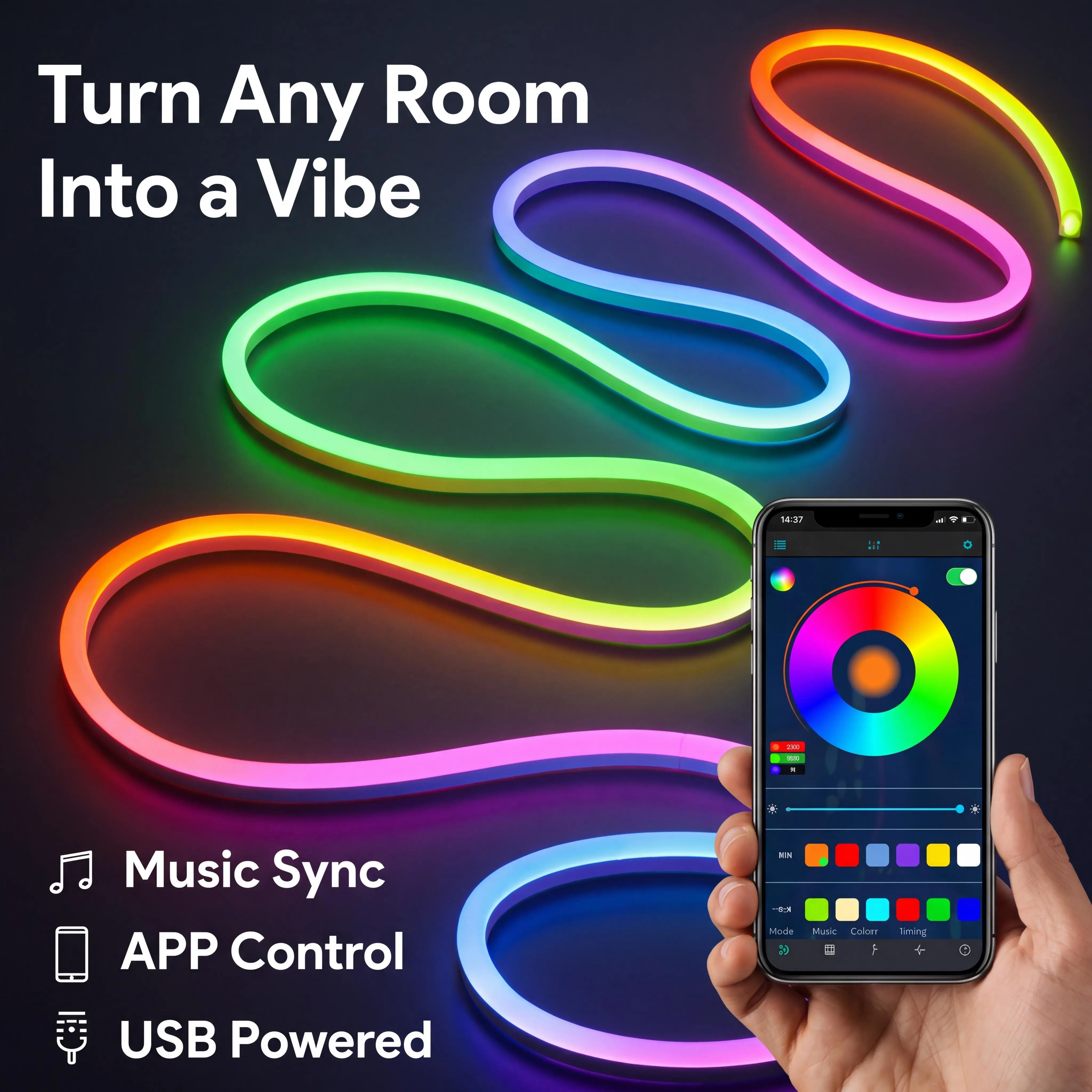 10M RGB-IC Smart Neon LED Light Strip - Bluetooth APP & Remote Controlled, Music Sync, USB Powered, Vibrant Indoor LED Lights Bedroom with Home Decor & Unique Room Decor Uses