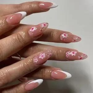 24 Pieces Glossy Artificial Flower Press-On Nails for Acrylic/French Tips