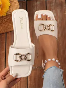 Women's Fashionable Chain Decorated Slide Sandals, Casual Trendy Flat Open Toe Sandals for Summer, Trending Shoes