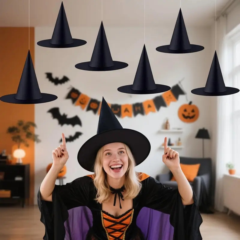 HALLOWEEN 6 Pcs Witch Hats Halloween Party Favors, Indoor Outdoor Costume Accessories Hanging Black Witch Hat with 98 Feet Hanging Rope for Halloween Party Decoration