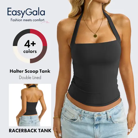EasyGala Womens Double Lined Halter Tank Sexy Square Neck Shirt Fitted Open Back Sleeveless Top Y2K Going Out Clothes2026 #summervibes,#sohochic, Women's Fashion, Cute Tops,back to school shopping,#sohochic