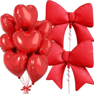 Red Heart Balloons, Foil Bow Balloons, 10Pcs 18 Inch Heart Shaped Balloon and 38 Inch Helium Red Bow Foil Balloon for Birthday Valentines Engagement Baby Shower Bridal Wedding Anniversary Party Decor Set