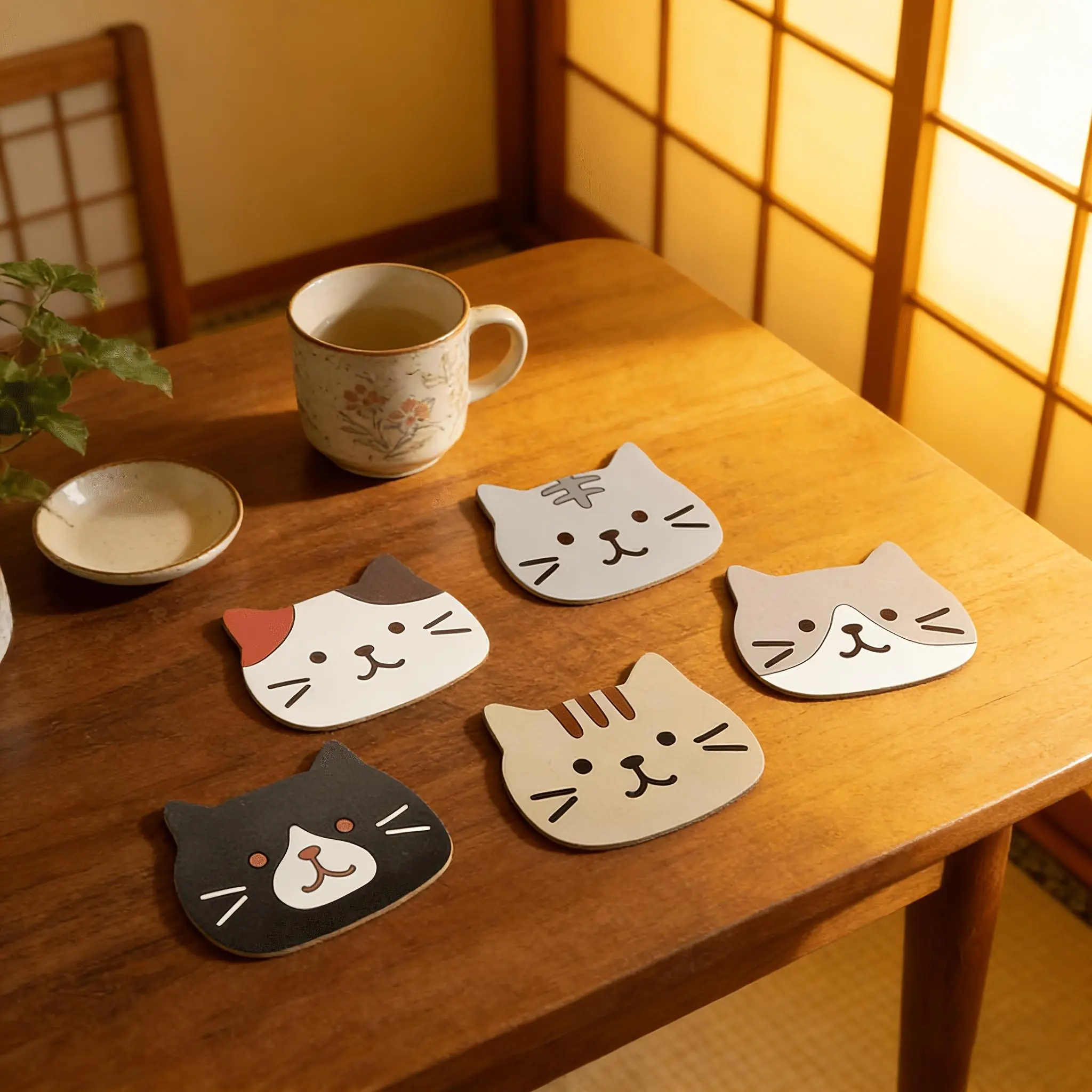 5pcs Natural Wood Cat Coasters - BPA-Free, Durable, Heat-Resistant Protective Placemats & Coasters with Adorable Kitten Face & Paw Design, Handwashable Table Protectors for Coffee Cups/Tea Mugs, Kitchen Tableware Gift for Cat Lovers