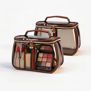 New Gif Retro Vintage Vanity Bag for Women(1-2PCS), Makeup Organizer & Portable Skincare Storage Case, Ladies Travel Storage Case, Transparent Toiletry Bag for Daily & Travel Use (Brown)