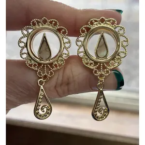 PAIR of 14kt Gold Plated Mother of Pearl Filigree Dangle Internally Threaded Double Flare Tunnel - Gauges!