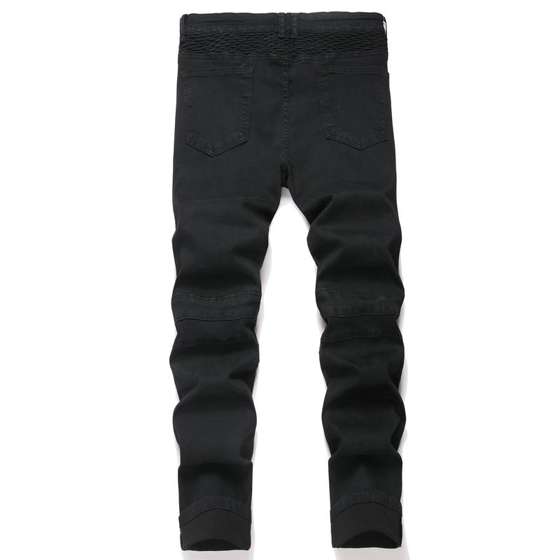 Men's Slim Fit Biker Jeans Ripped & Distressed Moto Denim Pants 100% Cotton Solid Black Color for Stylish Riders