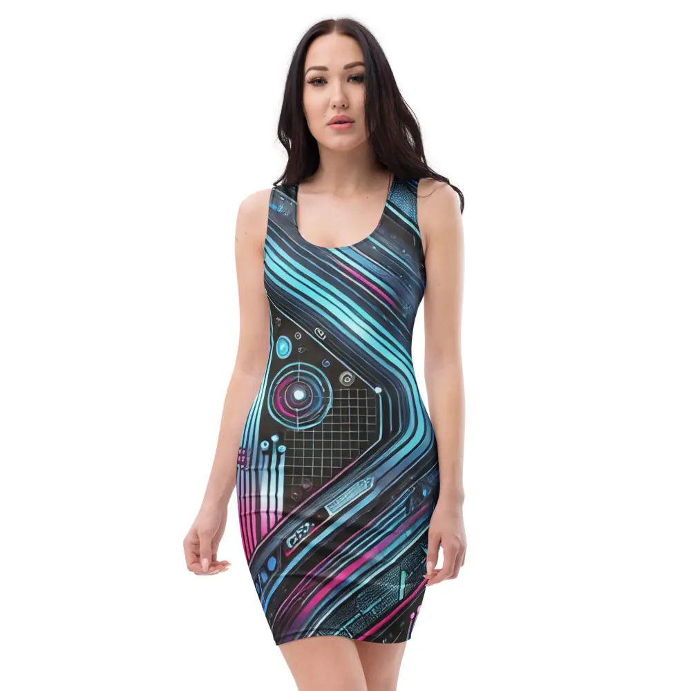Neon Cyber Bee Bodycon Dress, Futuristic Ravewear, Digital Glitch Aesthetic, Techcore Festival Mini Dress Casual Fabric Womenswear Comfortable
