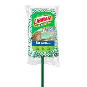 Libman Cotton Blend Wet Mop, Steel Handle Green/White, Commercial-Strength Floor Mop with Quick-Change Head, Machine Washable Reusable Mop Head