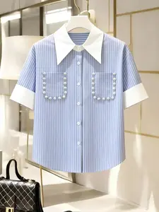 Elegant Women's Striped Lapel Short Sleeve Shirt, Perfect for Summer Wear, Stylish and Comfortable, Ideal for Daily
