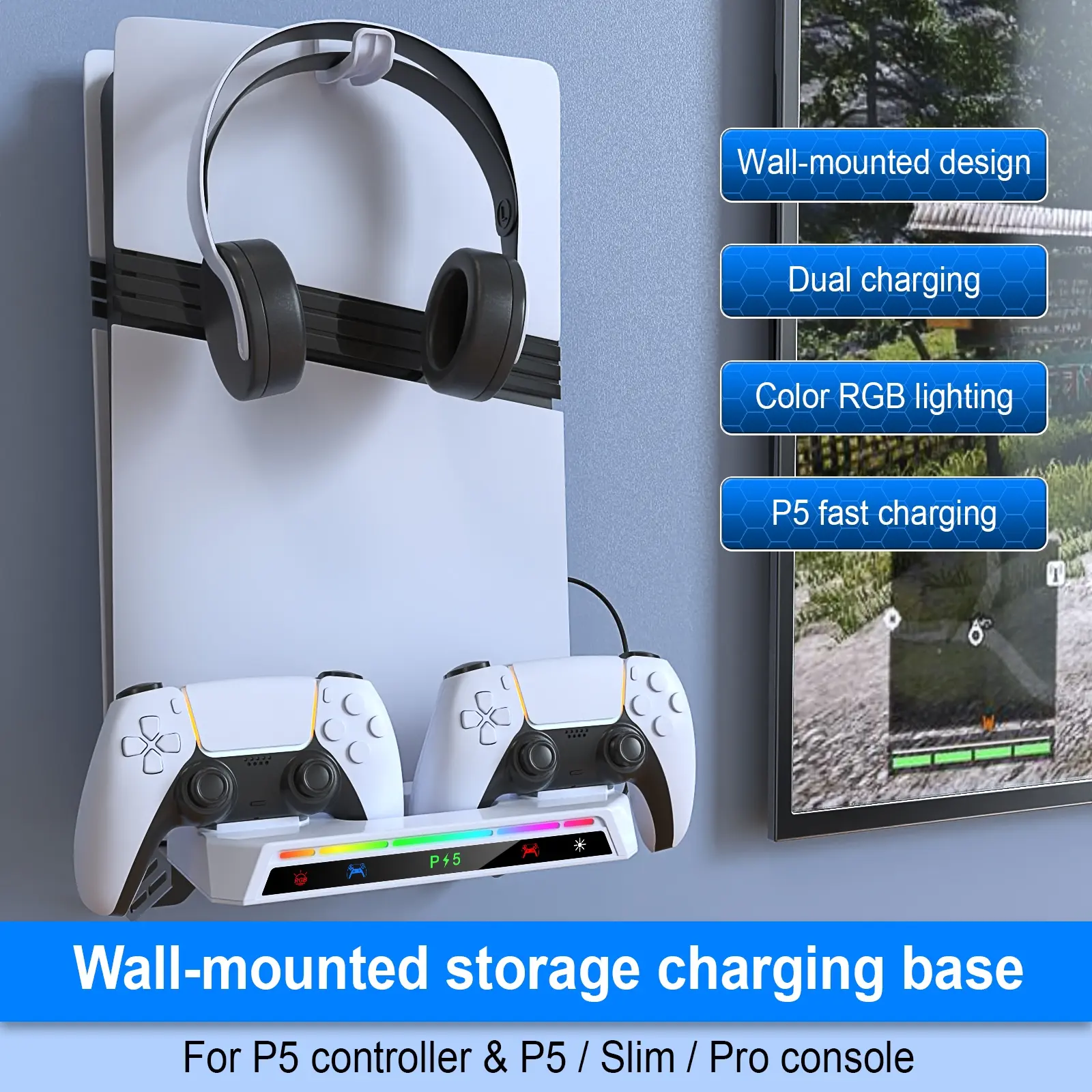 Wall Mount Kit for P5 Pro/ P5 Slim/ P5 with Charging Station, Charging Dock Accessories, P5 Shelf Floating Mount, Dual Controller Chargers with Multi-Mode RGB Light, Headset Holder & USB Hubs for Playstation 5 Pro/ Slim (Disc & Digital)