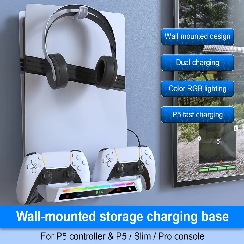 Wall Mount Kit for P5 Pro / P5 Slim / P5 with Charging Station, Charging Dock Accessories, P5 Shelf Floating Mount, Dual Controller Chargers with Multi-Mode RGB Light, Headset Holder & USB Hubs for Playstation 5 Pro / Slim (Disc & Digital)