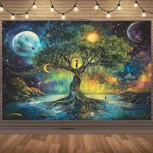 2D flat banner, 1pc， Magical universe tree canvas photo backdrops with glowing stars and planets - mysterious river and sky mural decoration - perfect for birthday parties, outdoor celebrations and holiday events, outdoor event decoration