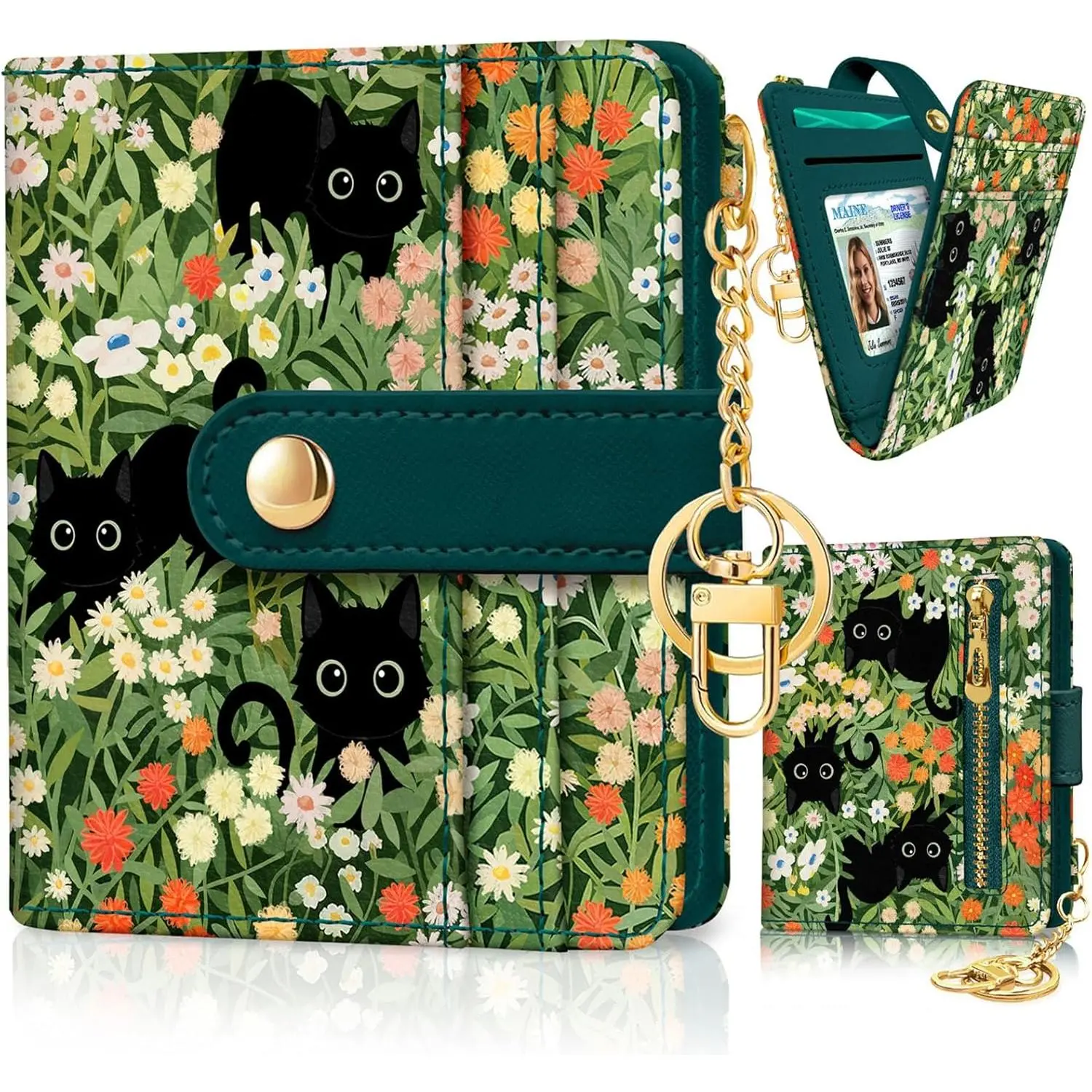 BYB10 Glamorous Black Cat Floral Print RFID Blocking Women's Vegan PU Leather Casual Fold Wallet - Durable Bifold, Slim Small Thin, High-Capacity with Credit Card Slots, Cash Compartment, Zipper Coin Pocket, ID Window