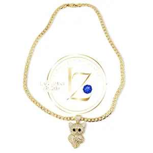 COD2011  Owl Pendant on Cuban chain - Small Zircon Covered