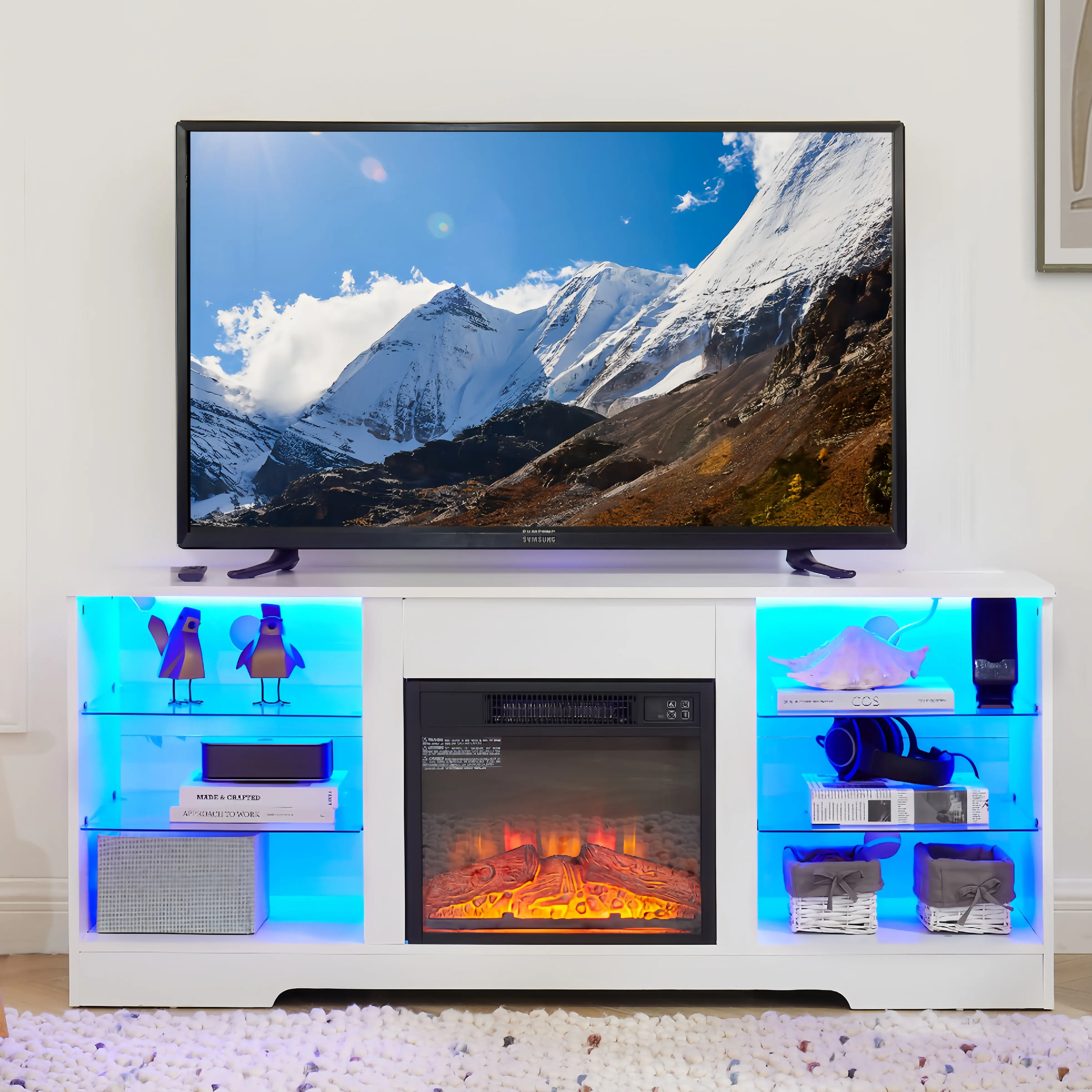 Fireplace TV Stand with 18" Fireplace, Electric Fireplace 3D Fireplace TV Console for TVs up to 65", LED Lights Wood and Glass Entertainment Center & USB Charging Outlet (White)