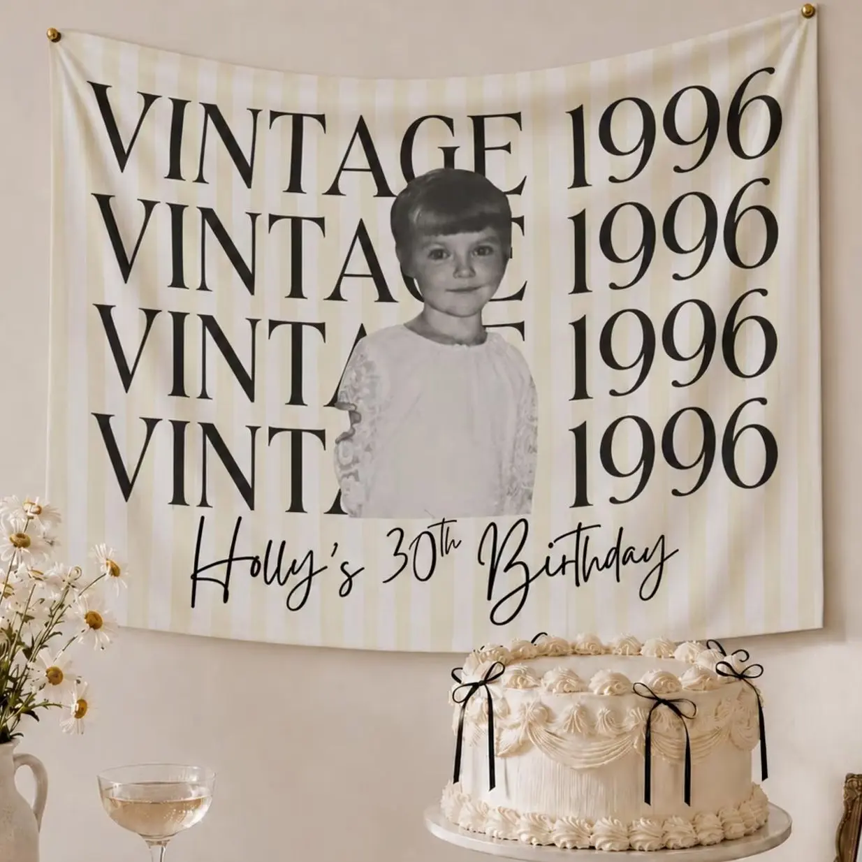 Custom Photo Birthday Banner Vintage Striped Party Decor Personalized Backdrop For Any Age