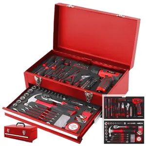 Metal Portable Tool Box repair kits with Power Cordless Drill ,Maintenance Tool Set, 156 Tools with Tool Chest, Red, EVA Mat Tray
