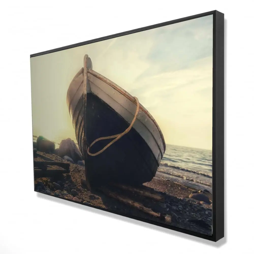212 MAIN Brown Coastal Wood Wall Art Print - 24x36 in. Framed Artistic Nature Landscape Photo, Beach Rowboat at Waters Edge, Relaxing Artwork, Beach Art, Home Decor Decoration