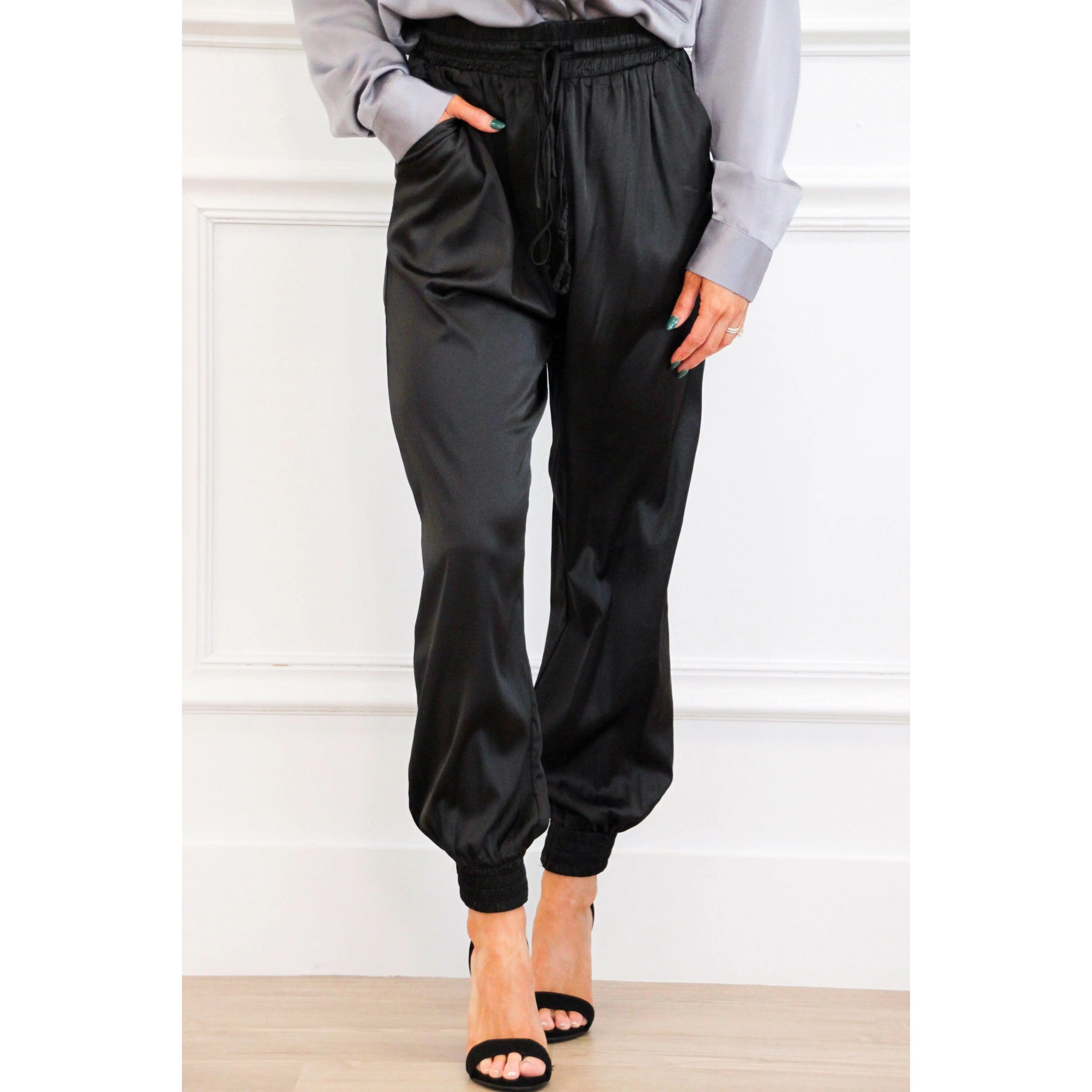 Cool Girl Satin Joggers: Black