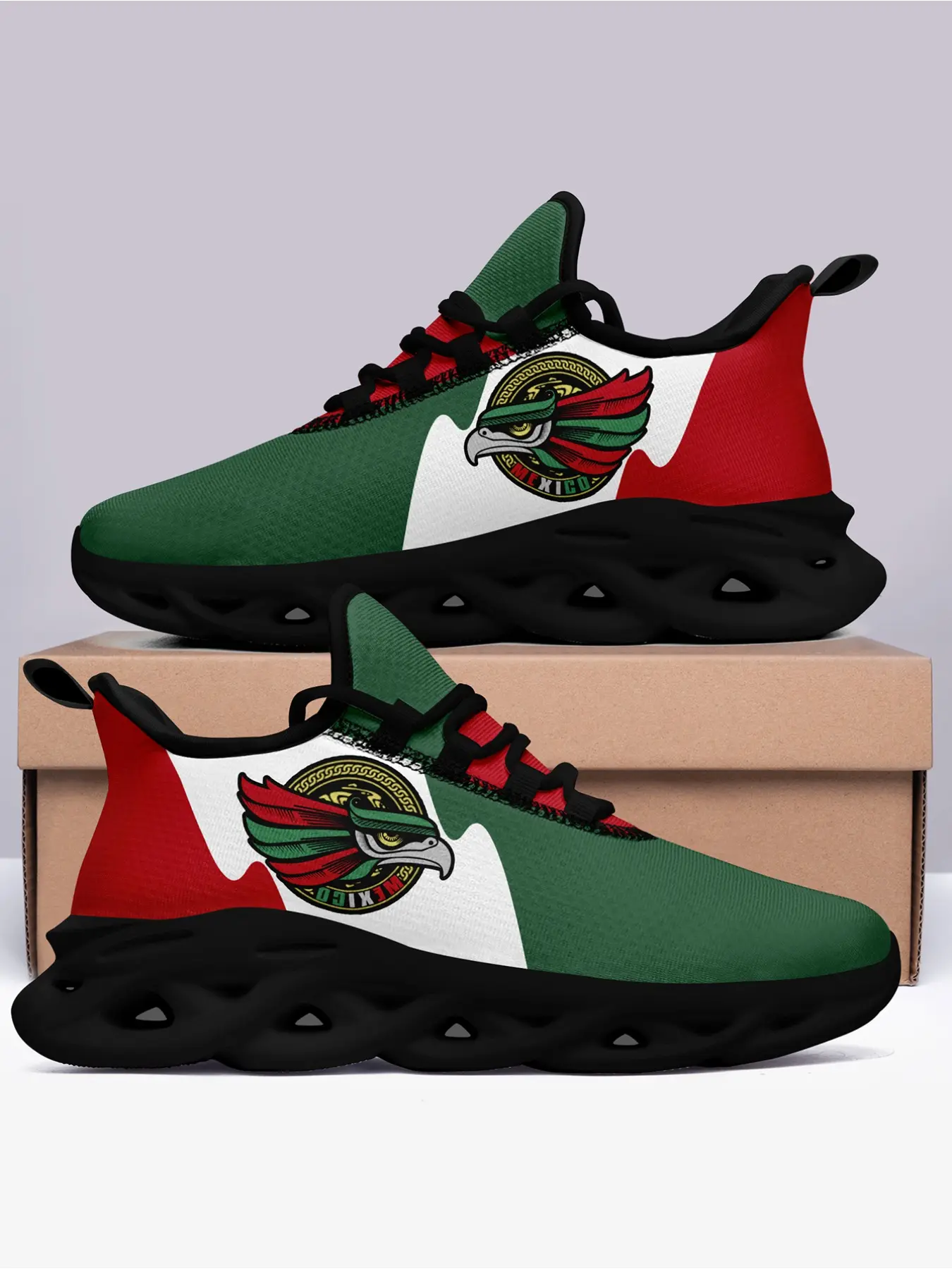 Men's Wide Fit Sneakers, MX Green White Red and Eagle Print, Lightweight Breathable Running Shoes, Fashionable Running Shoes, Sports Shoes, Athletic Running Trainers, Streetwear Fashion Casual Trainers, Plus Size