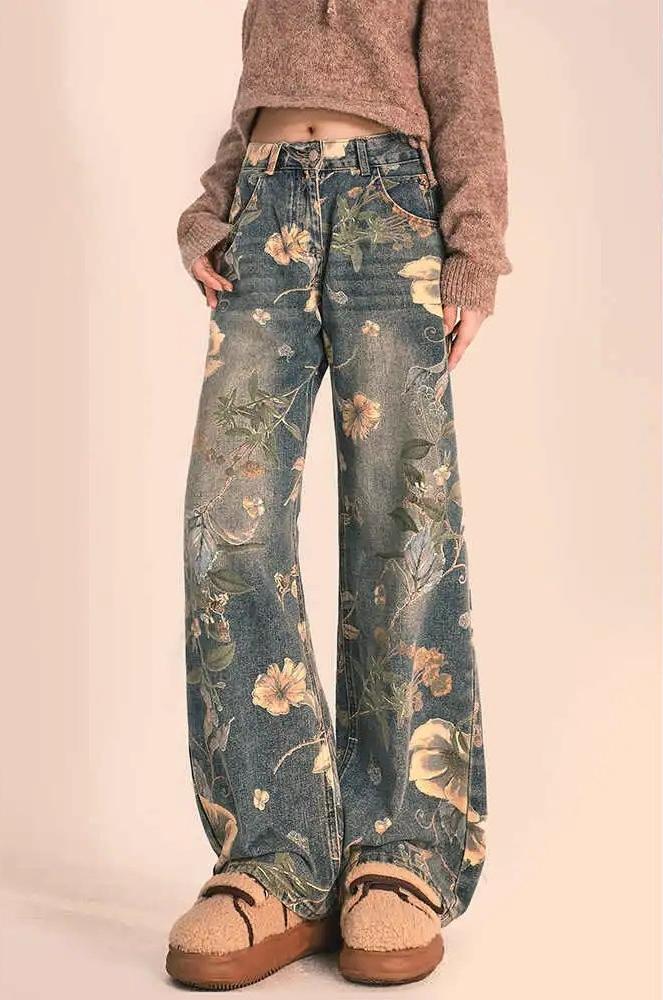 Unisex Floral Print Wide-Leg Jeans - Mid-Rise, Straight-Leg, Slim Fit, Floor-Length Denim Pants with Details, Machine Washable - Blue Floral Design for Men & Women, All season Jeans | Floral Denim Pants | Machine Washable Pants Casual Menswear