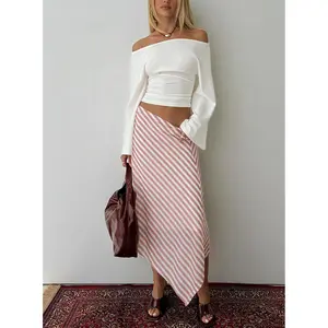 Gwenora Asymmetrical Midi Skirt Pink Stripe