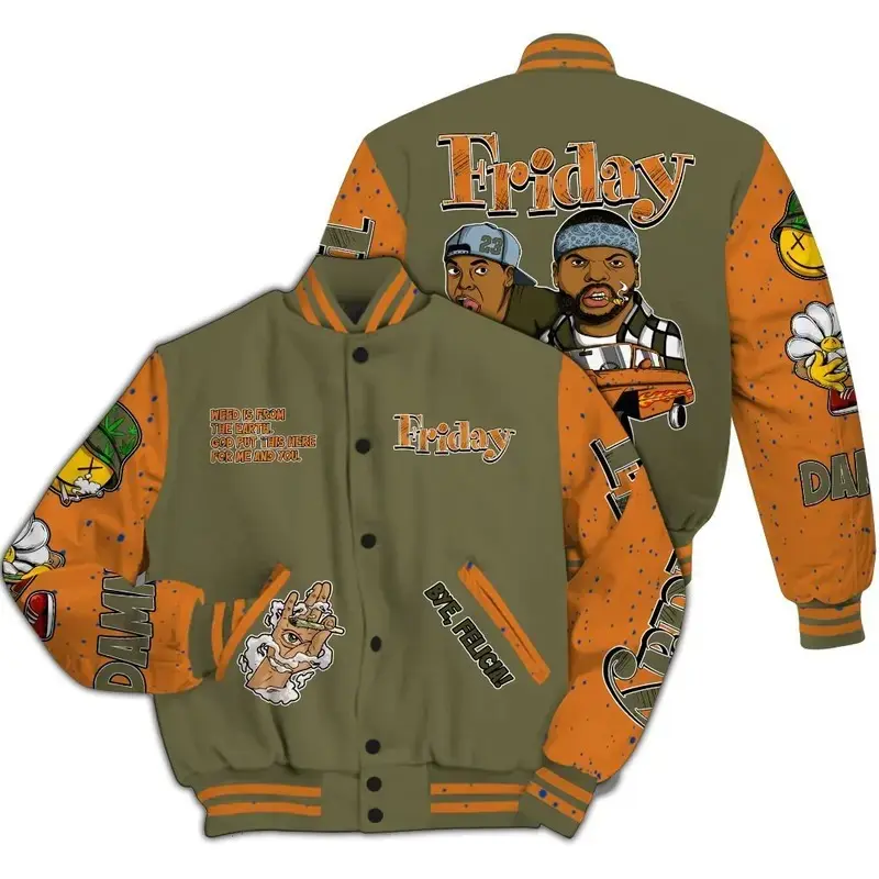 Olive 5s Match Varsity Jacket, Friday Sneaker Printed Baseball Jacket, 90s Movie Hip Hop Baseball Jacket, Men Women Sports Lightweight Jacket
