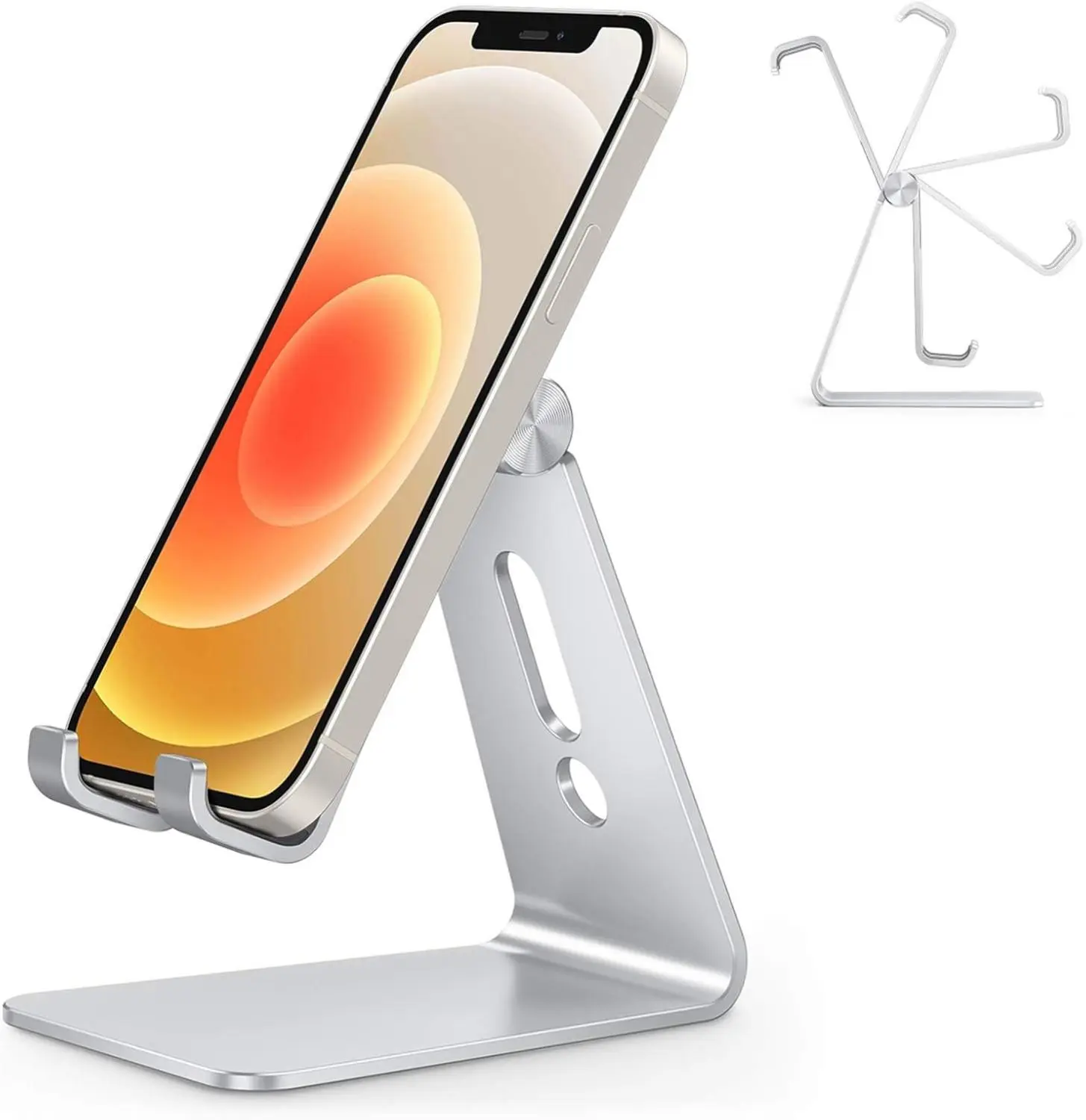Adjustable Cell Phone Stand, Aluminum Desktop Cellphone Stand with Anti-Slip Base and Convenient Charging Port, Fits All Smart Phones, Silver Silicone Protection