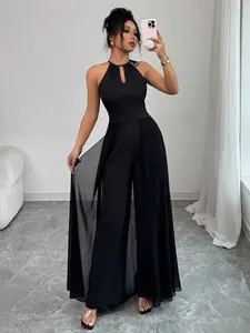 Women's black halter wide-leg jumpsuit with sheer mesh splicing. Fit, Features an adjustable halter tie design. Suitable for parties, dates, vacations, Everyday casual daily wear and commuting.