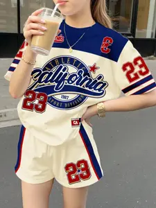 Vintage American University Style Sportswear Set, Teenage Girls Casual Shorts & Top, Summer Wear, Back-To-School, Korean Fashion, Fall