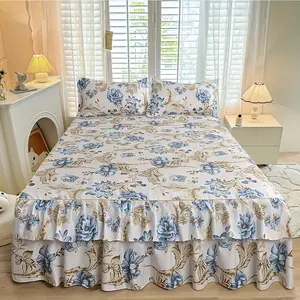 3pcs Ditsy Floral Printed Macrame Bed Skirt Set, Bedspread Coverlet Drop King Dust Skirts Lightweight and Breathable Bedding Sets