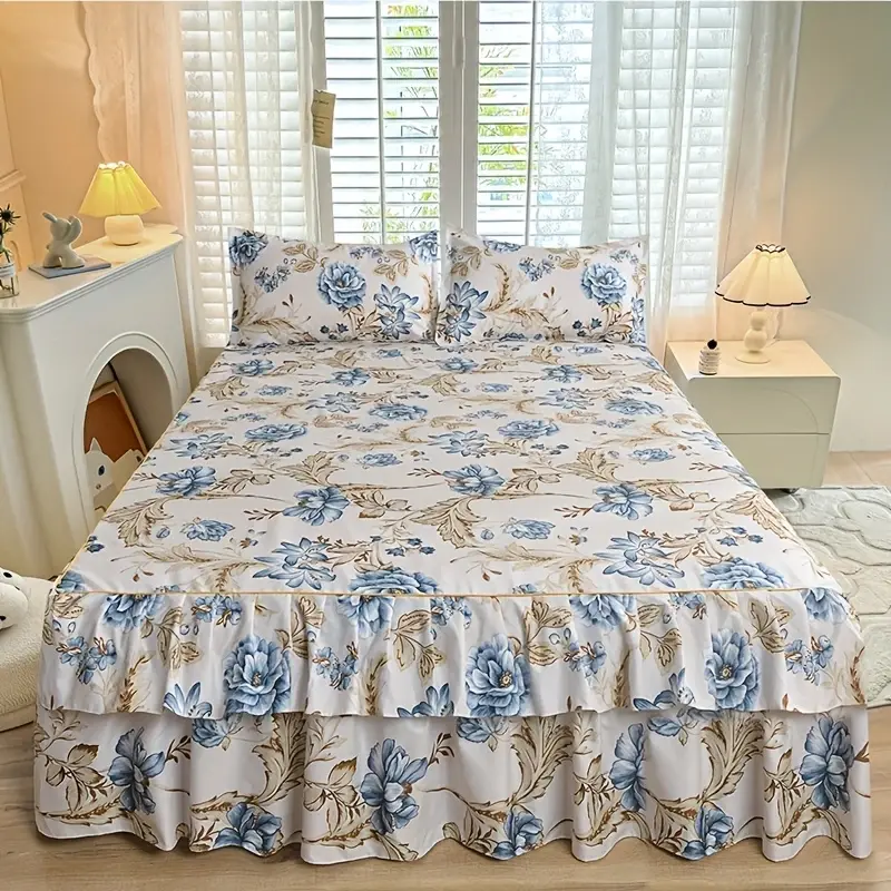 3pcs Ditsy Floral Printed Macrame Bed Skirt Set, Bedspread Coverlet Drop King Dust Skirts Lightweight and Breathable Bedding Sets