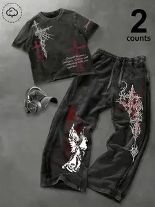 Unisex set, dark gothic style. Gothic patterns and cross-stitch prints. Summer American retro-style patchwork T-shirt and sporty long pants set. Y2K style. Perfect for streetwear, casual wear, men’s gifts, trendy outfits, outdoor activities, etc.