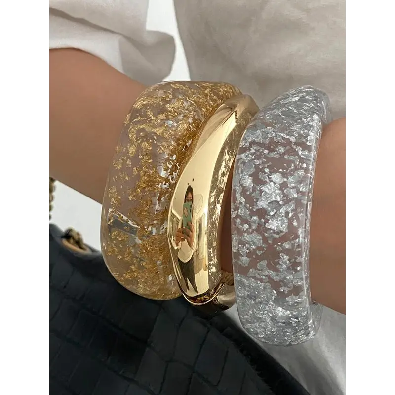 Bangle Bracelet Set for Women, 3-Piece Irregular Gold Foil Resin Jewelry, Elegant for Daily Wear (Warning: Choking Hazard Small Parts), Female