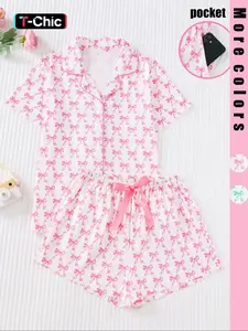 Women's Gingham Print Pajama Set, Soft & Comfortable Fabric, Loose-Fit Design, Short Sleeve Top & Shorts with Pockets, Chic, Cute, Perfect for Relaxing at Home, Nightwear, Loungewear