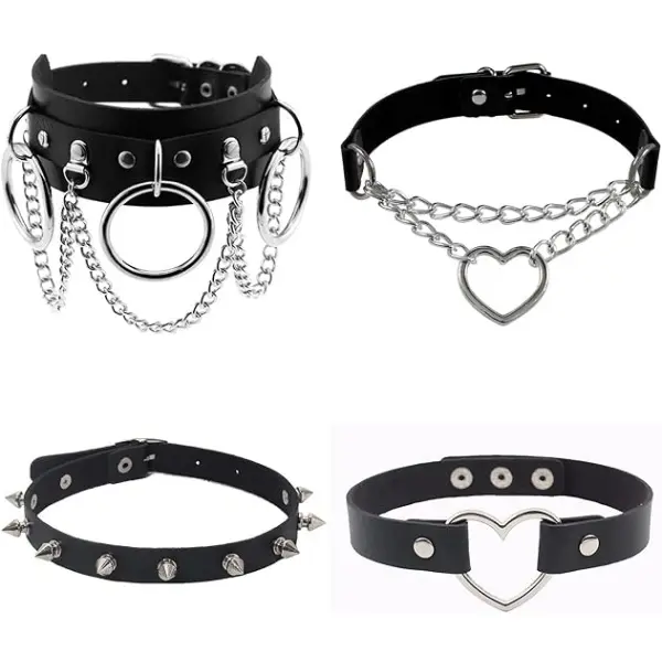 4Pcs Halloween Cool Steampunk Love Heart Shaped Gothic Goth Punk Rock Rivet Spike Studded PU Leather Choker Collar Necklace Sets for Women Lady Adjustable Cosplay Jewelry Night Club Party Costume Accessory Chocker Gift Black