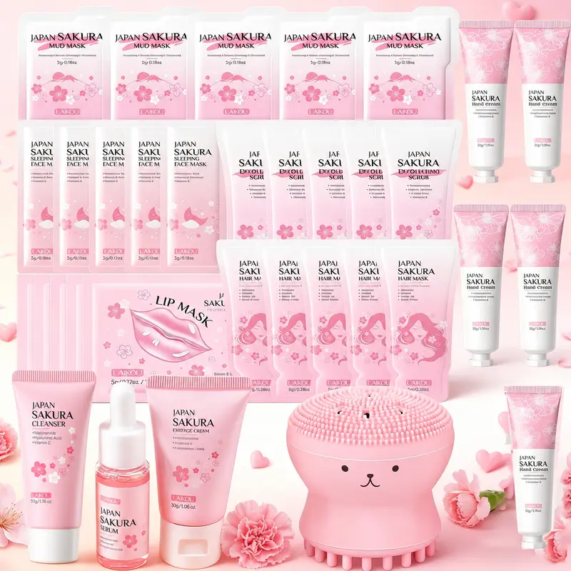 34PCS Skin Care Set Japan Sakura Beauty Gift Sets Skin Care Kit with Face Mask, Lip Mask, Eye Cream, Anti-Aging Serum, Moisturizer Facial Cream,Mud Mask,Hand Cream,Essence Cream for Women Teen Girls Mom Daughter Mother's Day Christmas Birthdays Birthday