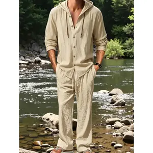 Two-Piece Set Men's Solid Linen Set, Casual Fashion Set, Casual Breathable Quick-drying Top & Drawstring Wide-leg Pants Set for Beach Holiday, Men's Clothing for Summer, Menswear