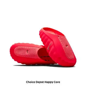 Gloss Red Perforated Foam Rubber Slip On Casual Slides Chunky Wavy Curved Sole Massage Footbed Indoor Outdoor Shower Daily Footwear
