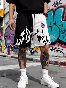 Men's black and white split flame printed casual shorts, Tokyo logo silk screen printed clothing, loose streetwear, paired with elastic drawstring waistband, an ideal choice for streetwear, casual wear, and summer wear