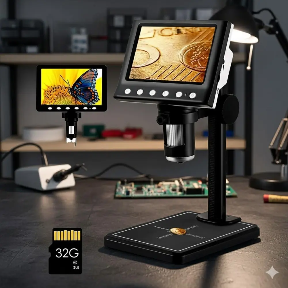 Professional USB Digital Microscope 64MP with 8 LEDs Portable Lab Tool for Circuit Repair Jewelry Antique Inspection Specimen Study Science Experiment Teaching Includes 32GB Memory Card