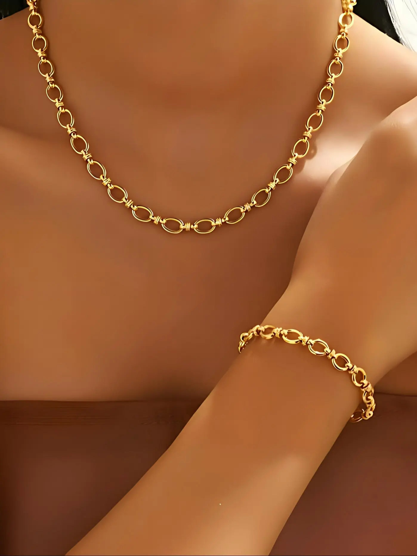 Hand Chain Necklace Set, Interlocking Simple Chains, Thick Versatile Stainless Steel 18k Plated, Hip Hop Fashion Jewelry, Essential for Parties, Jewelry Sets