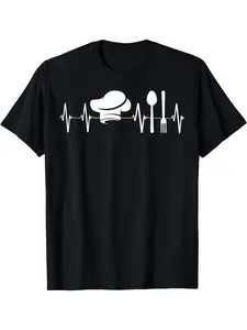 Funny Chef Cooking Heartbeat Graphic T-Shirt - Black with White Kitchen Design - Soft Breathable Cotton Crew Neck Tee for Chefs, Home Cooks - Machine Washable Apparel Gift for Foodies, Casual Wear, Comfortable Fit Shirt