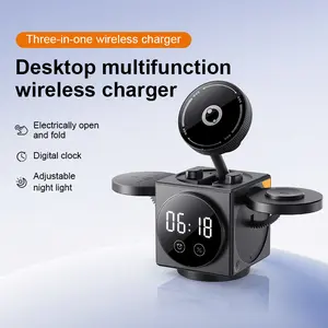 3-in-1 Magnetic Wireless Charging Station, Foldable 15W Fast Charger Dock with LED Clock & Adjustable Night Light, Desktop Charging Stand for Phones, Earbuds & Smart Watches