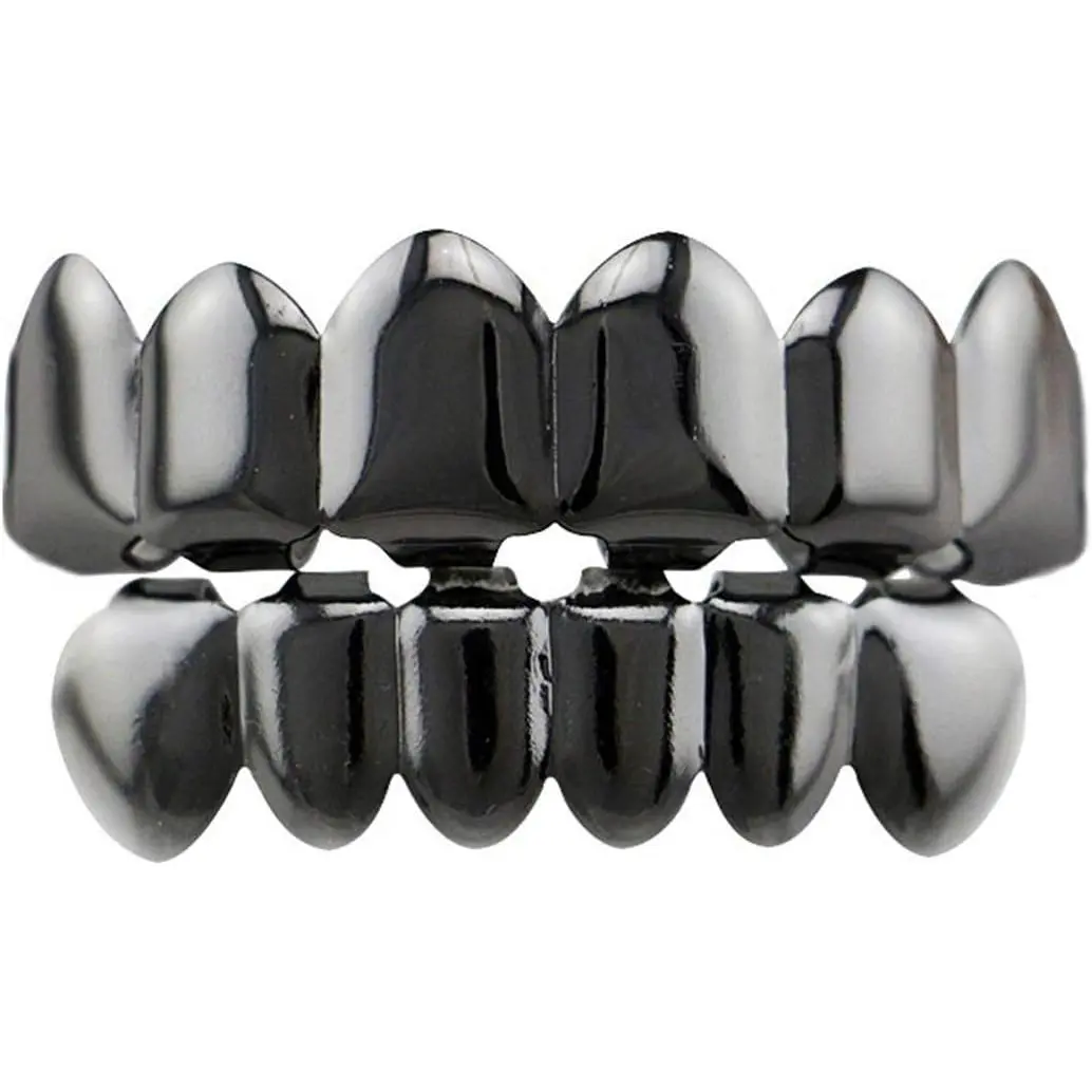 24K Gold Plated Hip Hop Teeth Grillz Punk Custom Fit Teeth Grillz Caps Top & Bottom Grill Set Removable Hip Hop Mouth Grills For Women Men Gift Halloween Party Photo Fancy Dress Accessories Gun Black