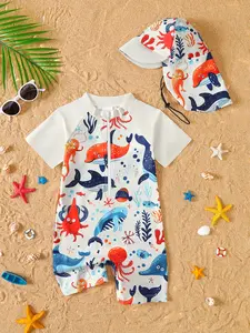 Summer Quick-Dry Sun Protection Swimsuit, One-Piece Full Print Design, Includes UV Hat, Perfect for Beach & Pool