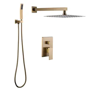 WOWOW Single Handle 2-Spray Shower Faucet 1.8 GPM with 10 in. Square Shower Head and Adjustable Heads in Brushed Gold