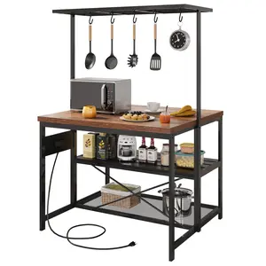【GARVEE】47 inch Kitchen Island with Storage & Power Outlet 3-Tier Microwave Stand, Coffee Bar Table, and Bakers Rack with 5 Hooks for Kitchen, Dining and Living Rooms