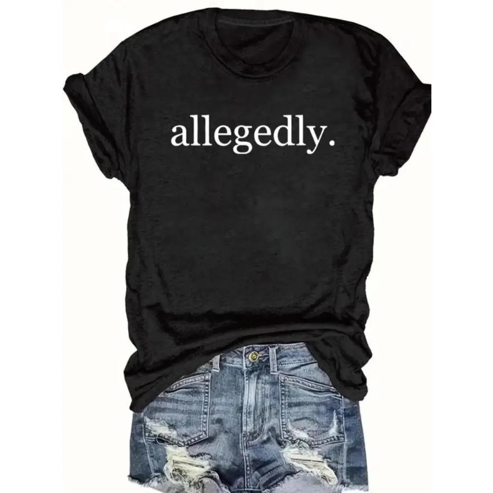 Women's "allegedly" Print Round Neck Tee, Casual Short Sleeve Crew Neck T-shirt for Summer, Fashion Women's Top for Daily Wear, Graphic Tees, Summer Tops